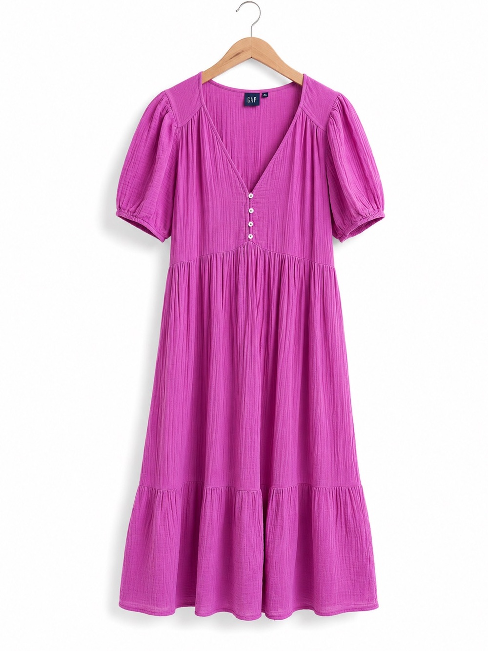 GAP Pink Cotton Gauze Puff Sleeve Tiered Midi Dress Petite